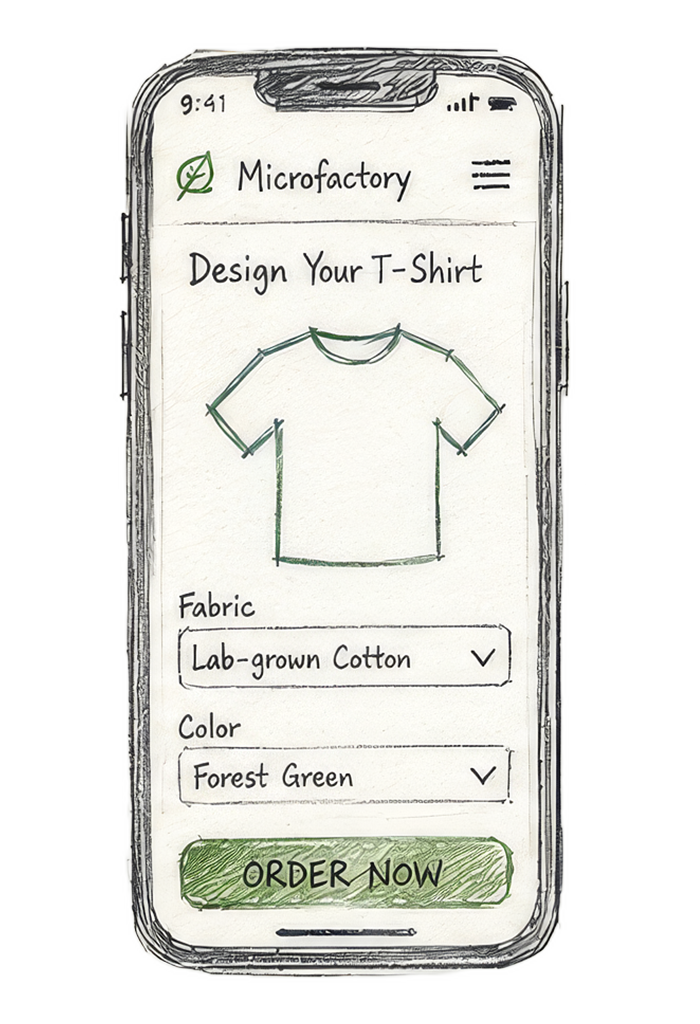 Automated Microfactory T-Shirt — Order (AI-generated concept visualization)