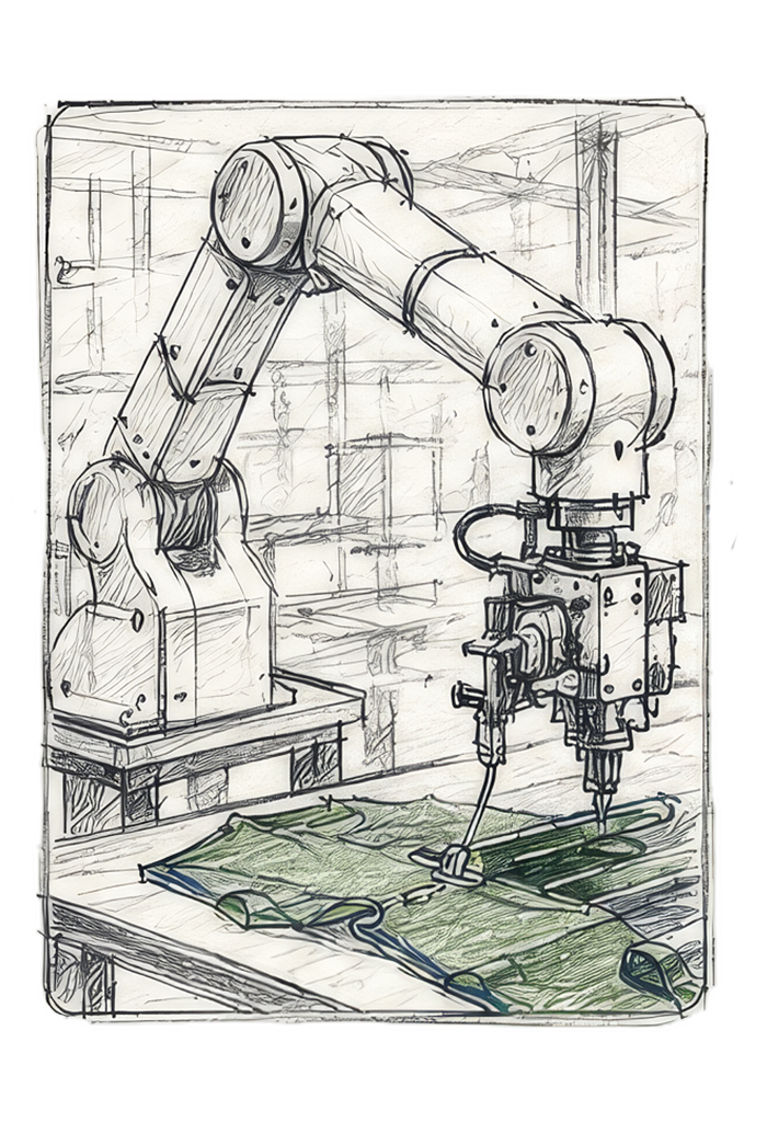 Automated Microfactory T-Shirt — Robotic Sewing (AI-generated concept visualization)